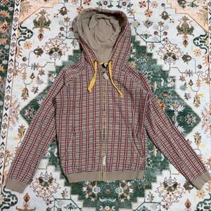 DC Shoes Plaid Full Zip Hoodie Kids Size S Tan Red Grey Casual Hooded Jacket